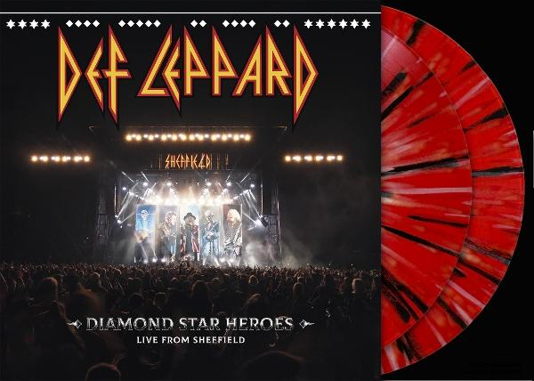 Def Leppard Albumcover. Live-Konzertfoto mit Band auf der Bühne, Publikum darunter. Rote und schwarze Vinyl-Schallplatte rechts.