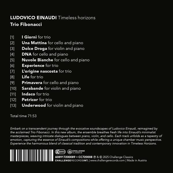 Albumcover mit Titel 'Ludovico Einaudi' und Titelliste. Text auf schwarzem Hintergrund, weiße Schrift. Musikalbumdetails.