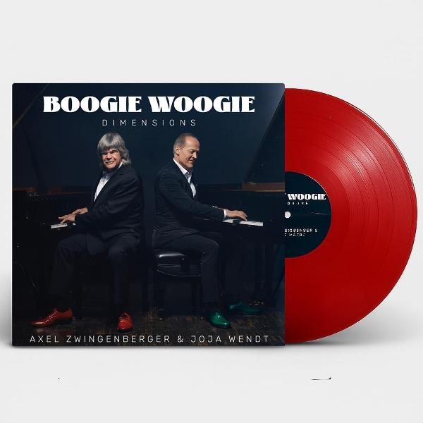 Albumcover mit zwei Männern am Klavier, rote Schallplatte. Titel: Boogie Woogie Dimensions. Axel Zwingenberger & Joja Wendt.