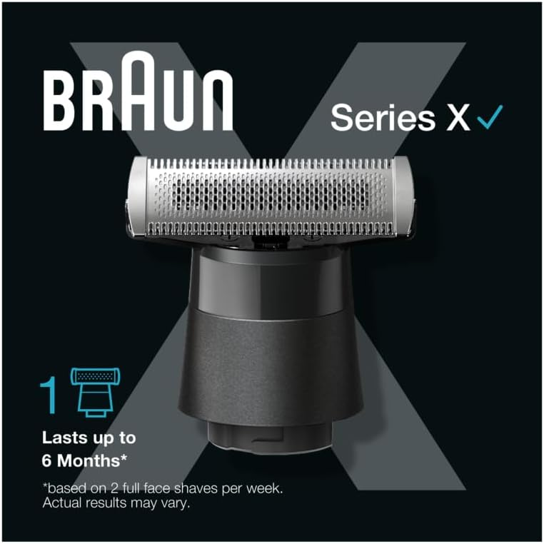 Głowica golarki Braun Series X. Wystarcza na 6 miesięcy. Tło to czarno-szara grafika z logo Braun.