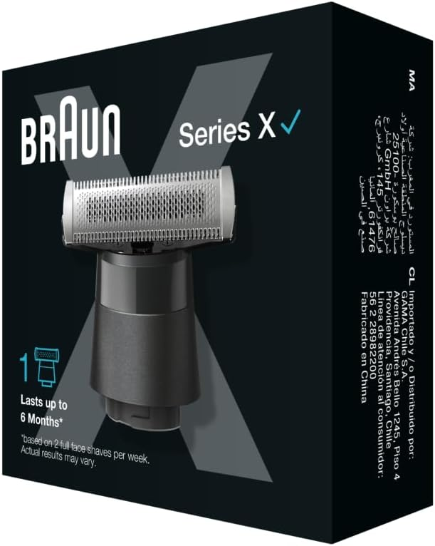 Pudełko z golarką Braun Series X. Zawiera głowicę i uchwyt golarki, z tekstem o jej trwałości i informacjach o marce.