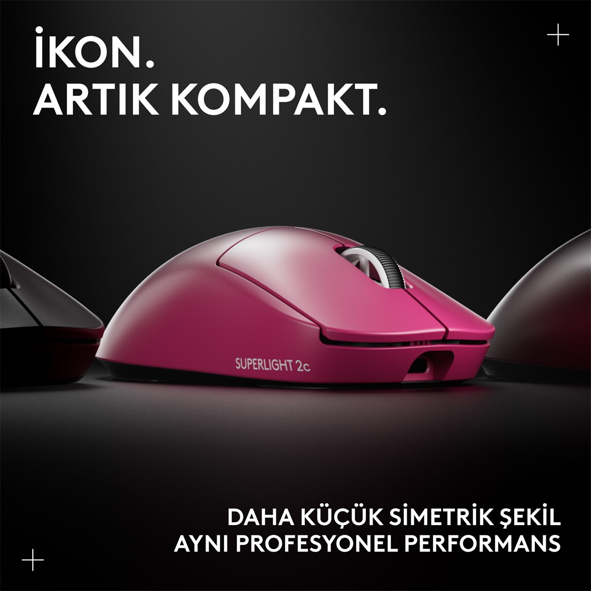 Ortada pembe bir bilgisayar faresi, her iki tarafta iki fare daha var. Üstteki metin 'ikon. Artik Kompakt.' Alt metin 'Daha küçük...
