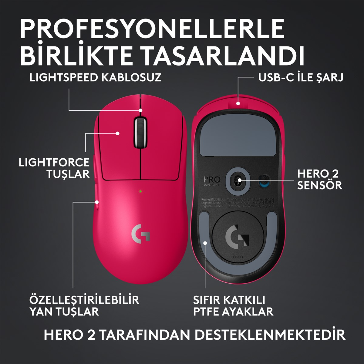 Lightforce tuşları ve Hero 2 sensörü gibi özelliklerin etiketlendiği pembe bir kablosuz oyun faresi. Arka plan beyazdır.