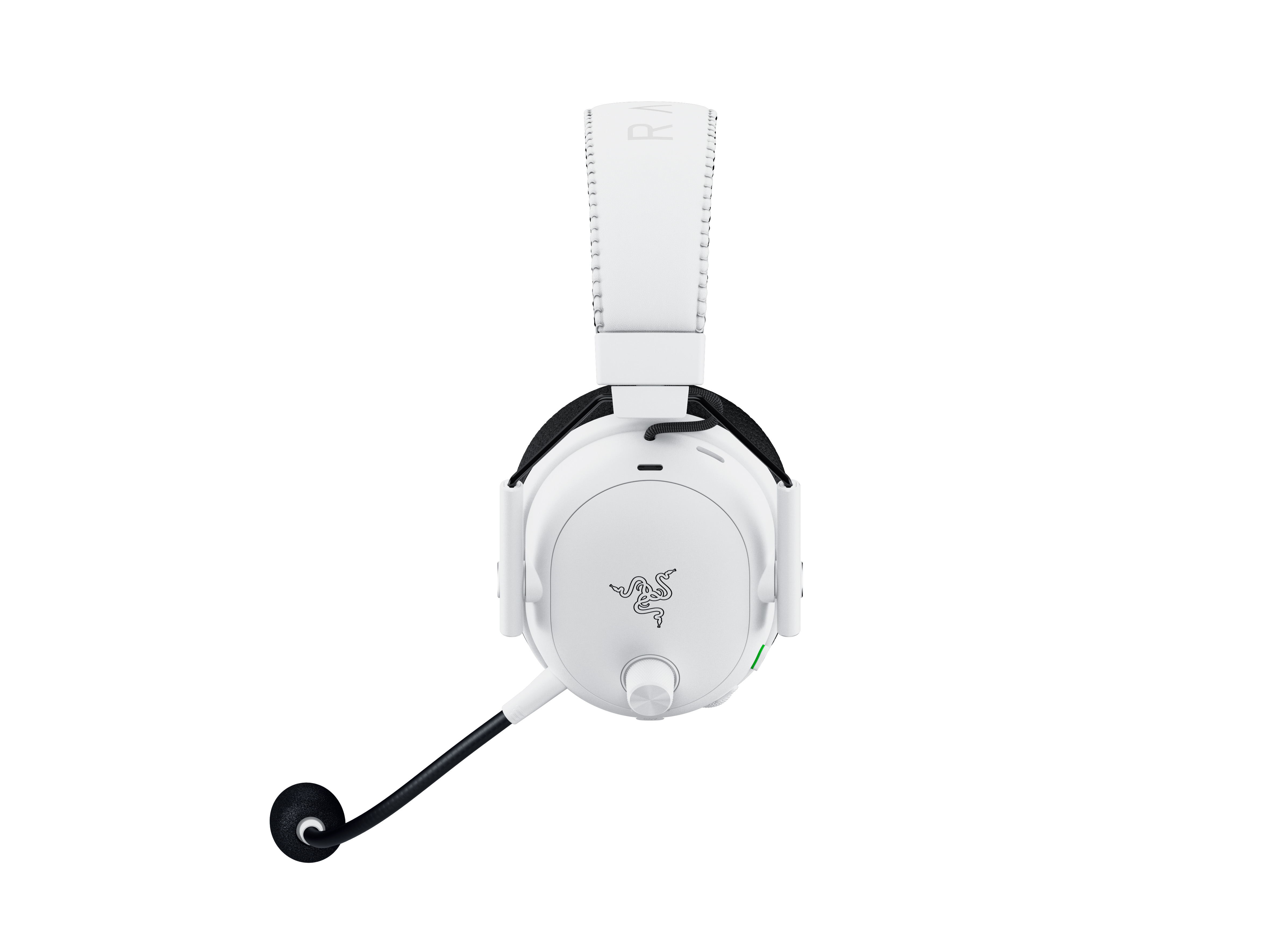 Beyaz Razer oyun kulaklığı, siyah mikrofon, beyaz arka plan. Razer logosu kulaklıkta görülüyor.