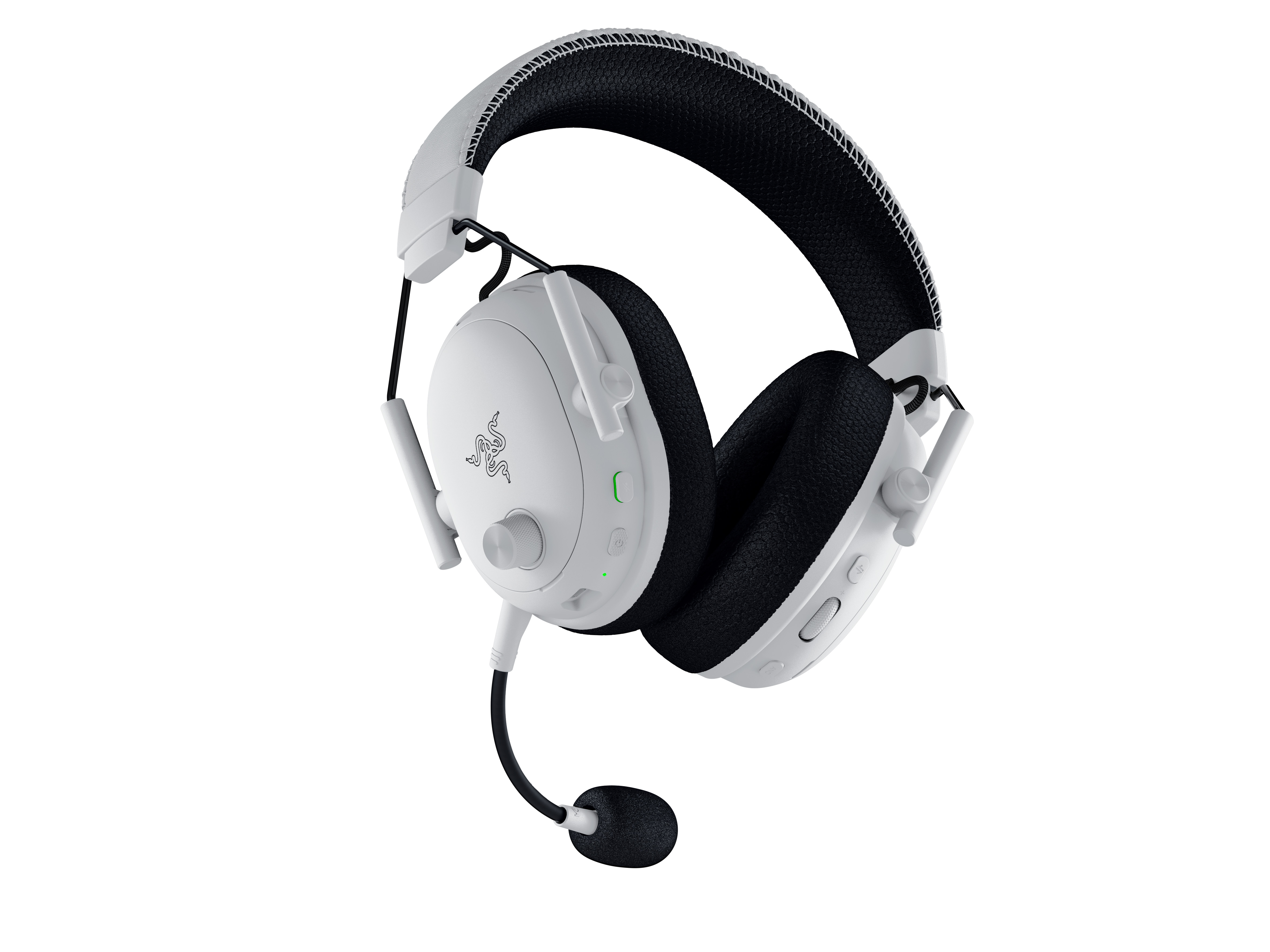 Beyaz ve siyah oyun kulaklığı. Mikrofon ve Razer logosu bulunur. Arka plan beyazdır.