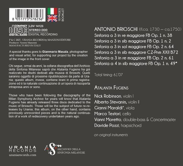 CD-Cover mit Text. Enthält den Titel 'Antonio Brioschi' und musikalische Informationen. Das Logo von Urania Records ist ebenfalls sichtbar.