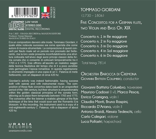 CD-Cover mit Text über Tommaso Giordanis Konzerte. Enthält Namen, Titel und einen Barcode.