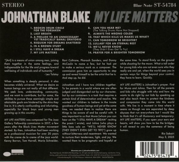 Albumcover mit Text: 'Johnathan Blake My Life Matters', Titelliste, Blue Note Logo und Text.