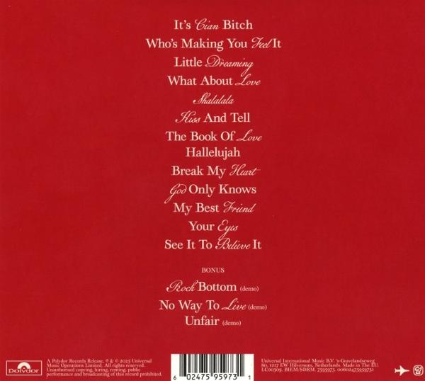Rotes Albumcover mit weißem Text, der Songtitel wie 'It's Cian Bitch' und 'Rock Bottom' auflistet. Enthält einen Barcode und ein Logo.
