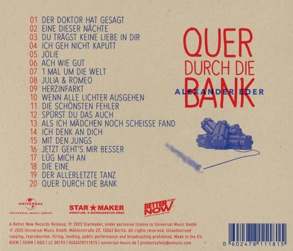 CD-Cover mit Text und einer Zeichnung von Dynamit. Der Titel lautet "QUER DURCH DIE BANK" von Alexander Eder.