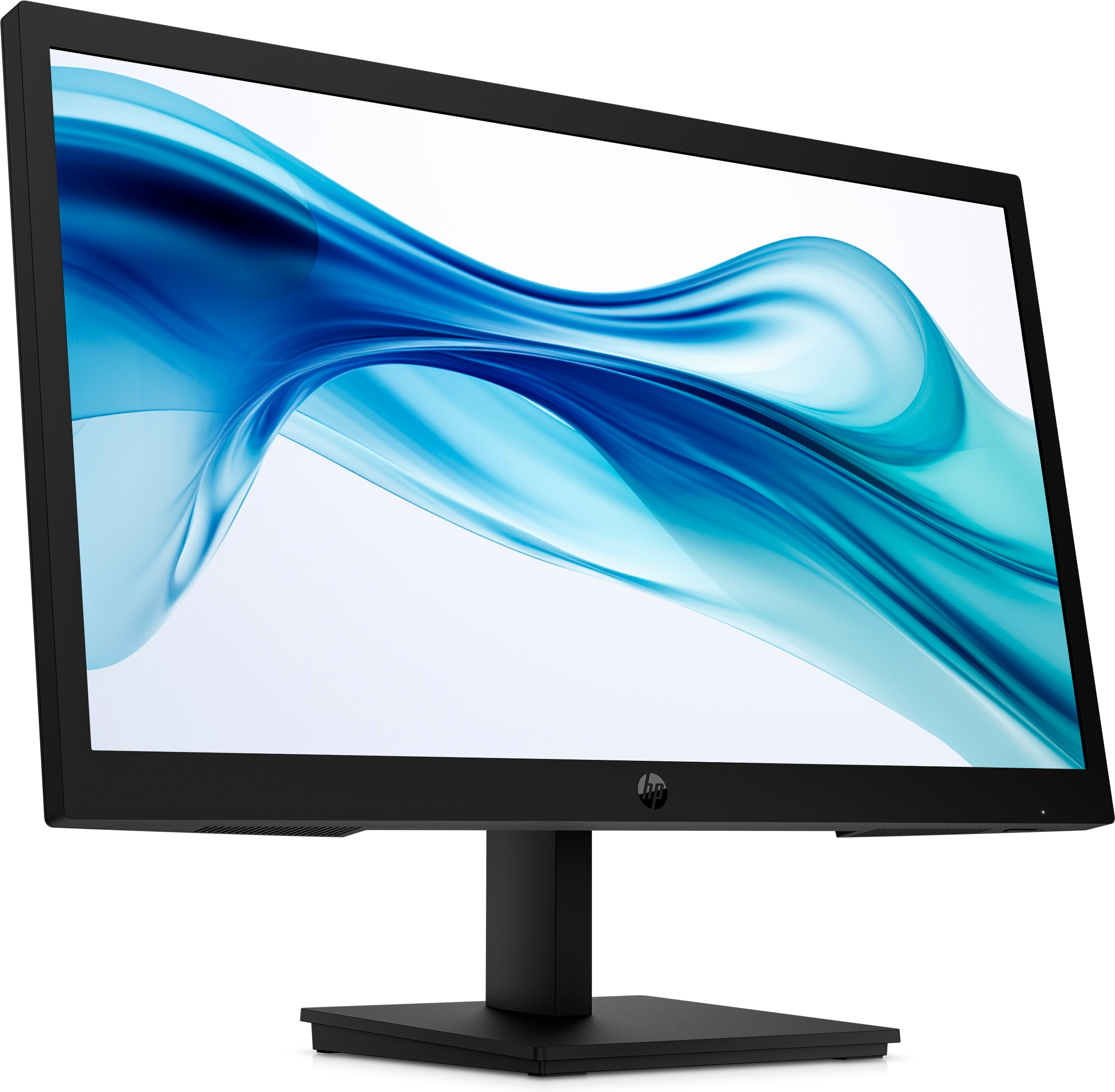 Un monitor de computadora negro muestra un diseño abstracto azul y blanco. El monitor tiene un soporte y marco negro.