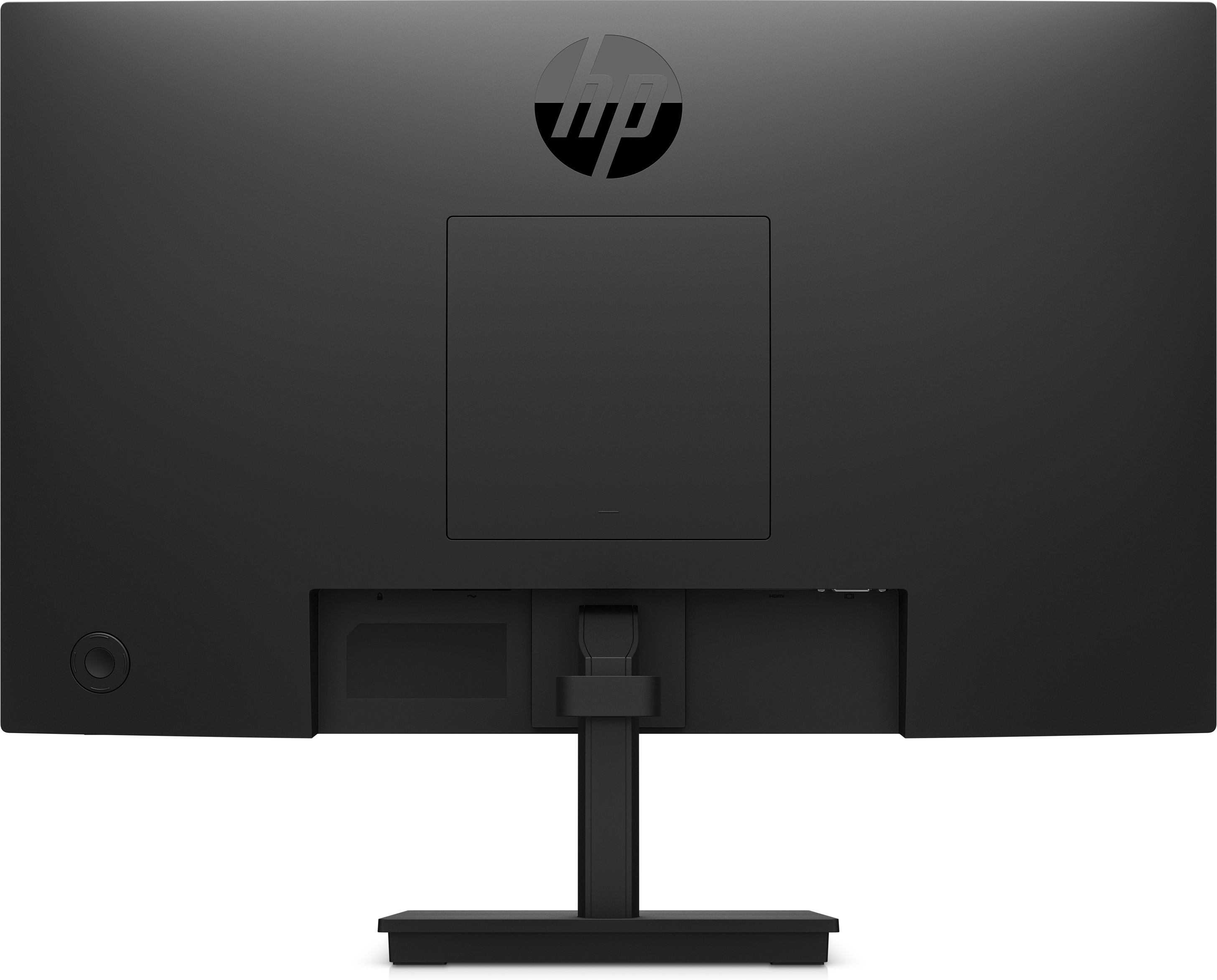 La parte trasera de un monitor HP negro. Tiene el logotipo de HP, puertos de conexión y un soporte.