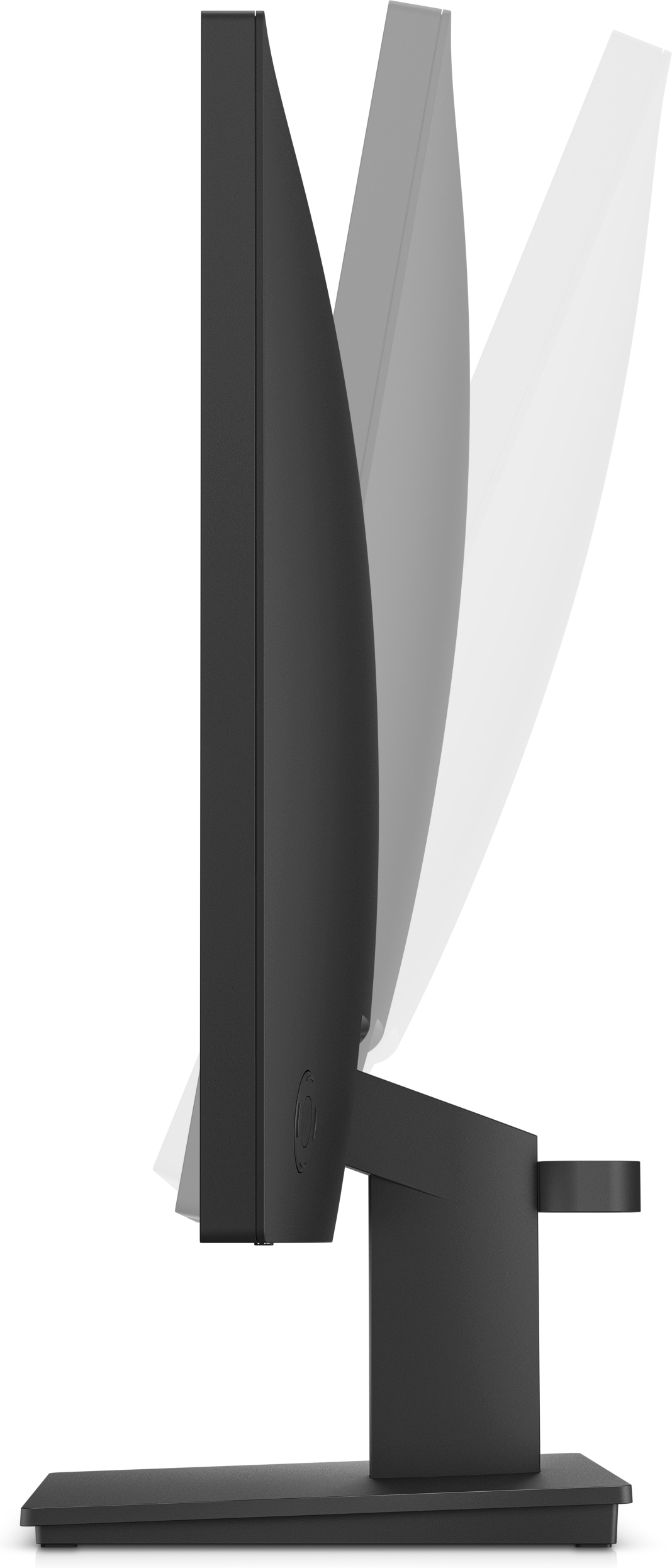 Un monitor de computadora negro se muestra desde una vista lateral. La pantalla está inclinada hacia la izquierda. El monitor está sobre un soporte negro.