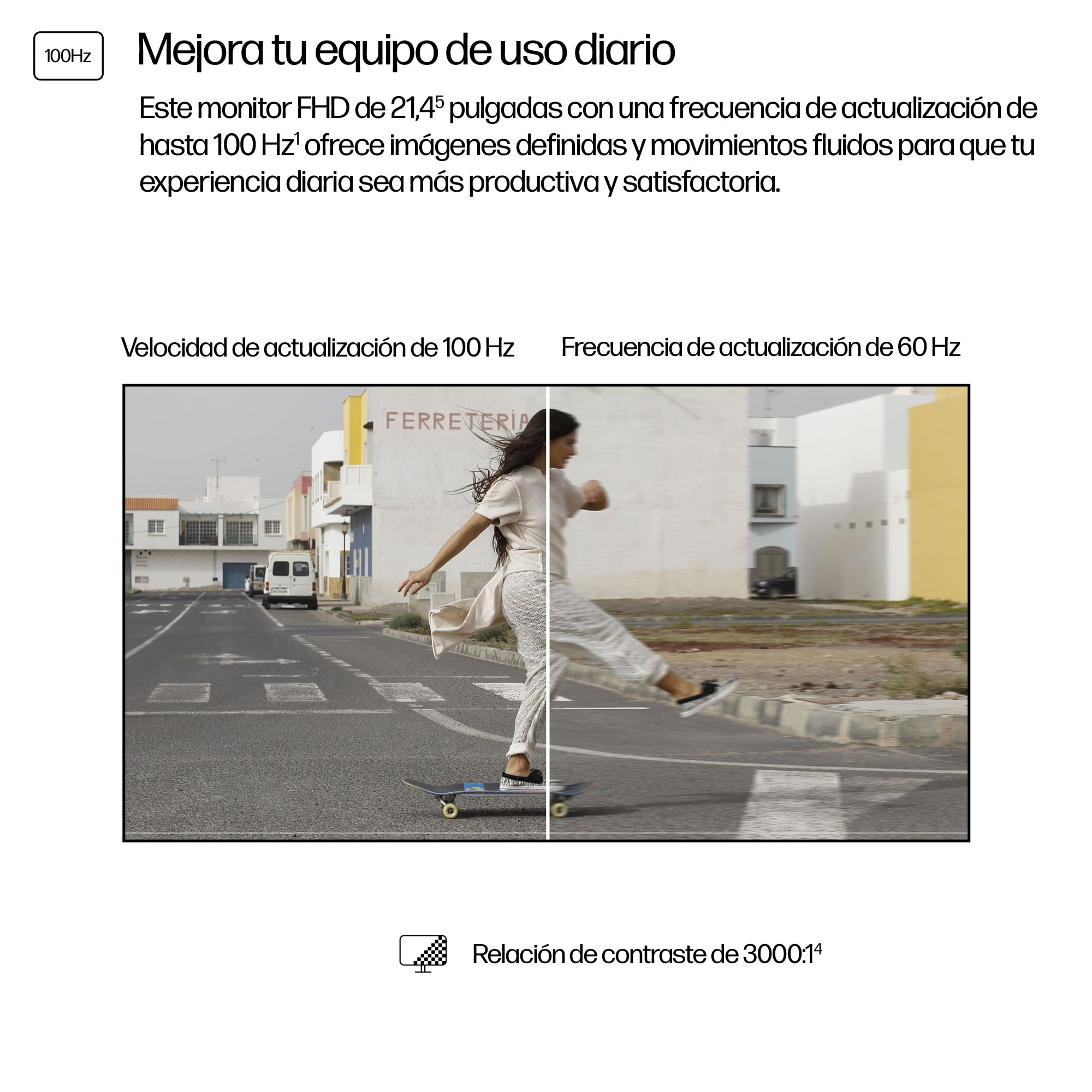 Mujer en monopatín en la ciudad. Pantalla dividida: izquierda clara, derecha borrosa. Edificios y calle al fondo.