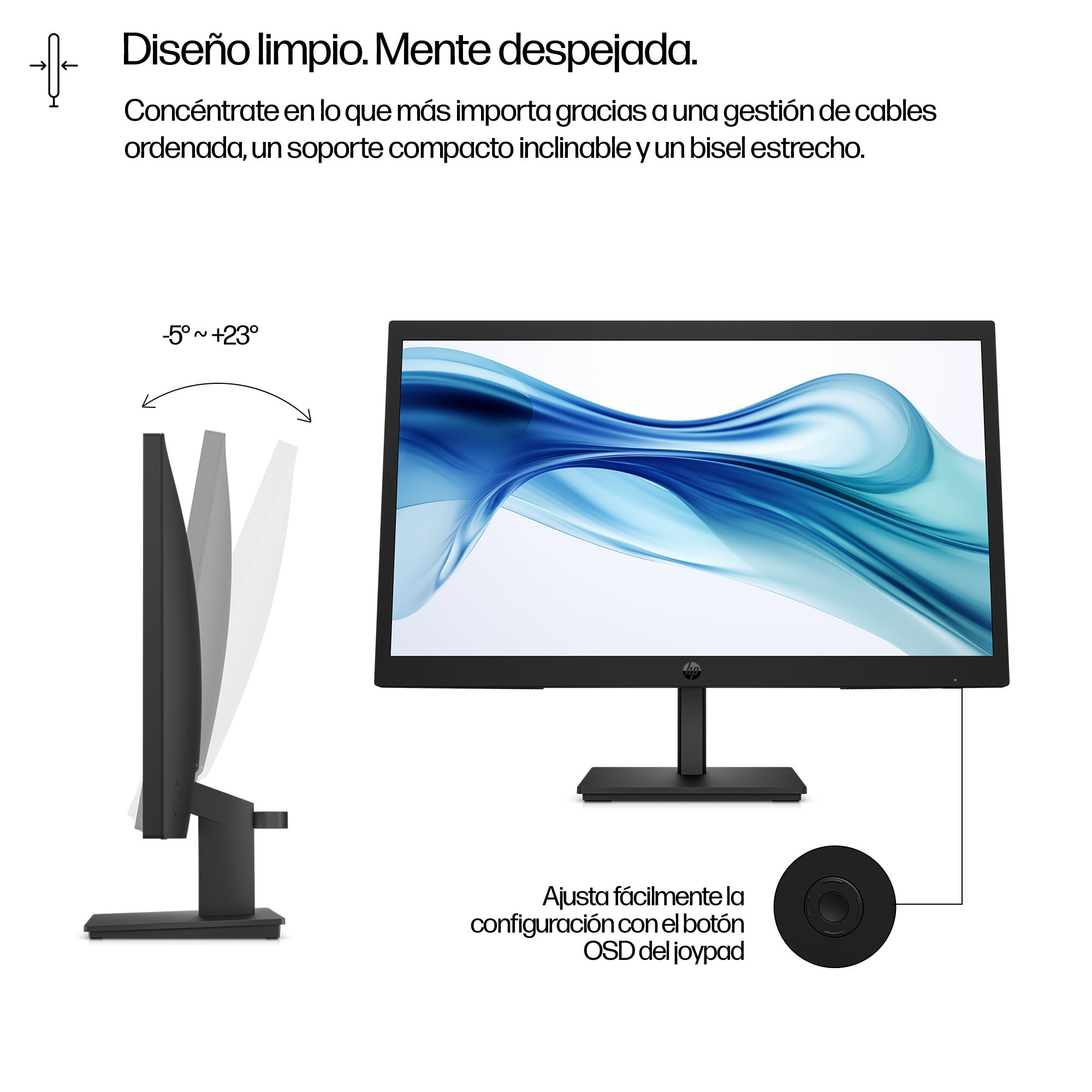Un monitor de computadora negro con inclinación ajustable. La pantalla muestra un diseño azul y blanco. Tiene una base y un soporte negros.