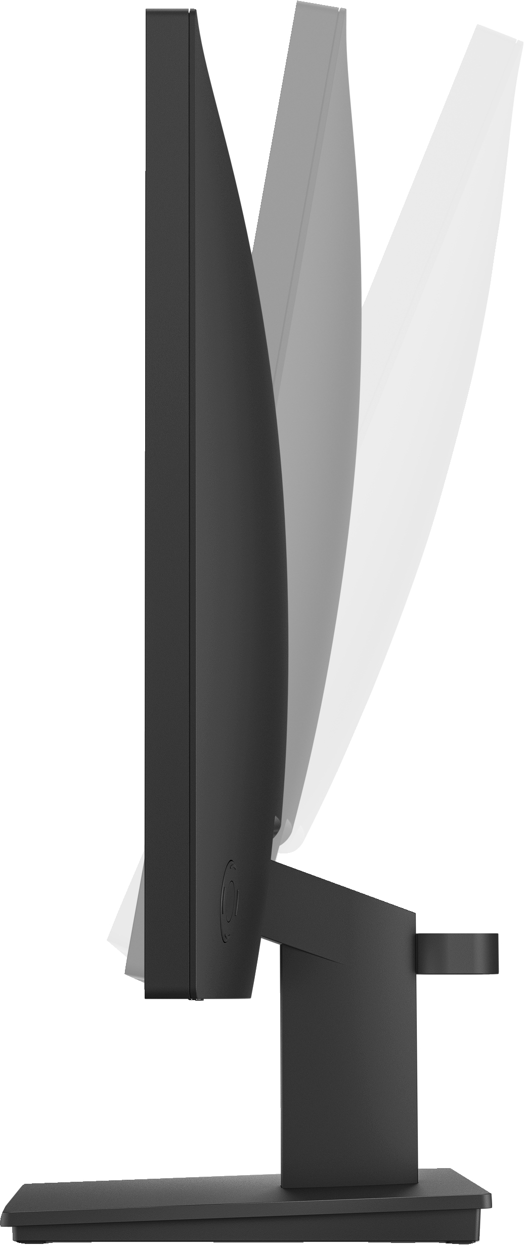 Un monitor de ordenador negro desde un lado. Está en ángulo con un soporte. El fondo es blanco.