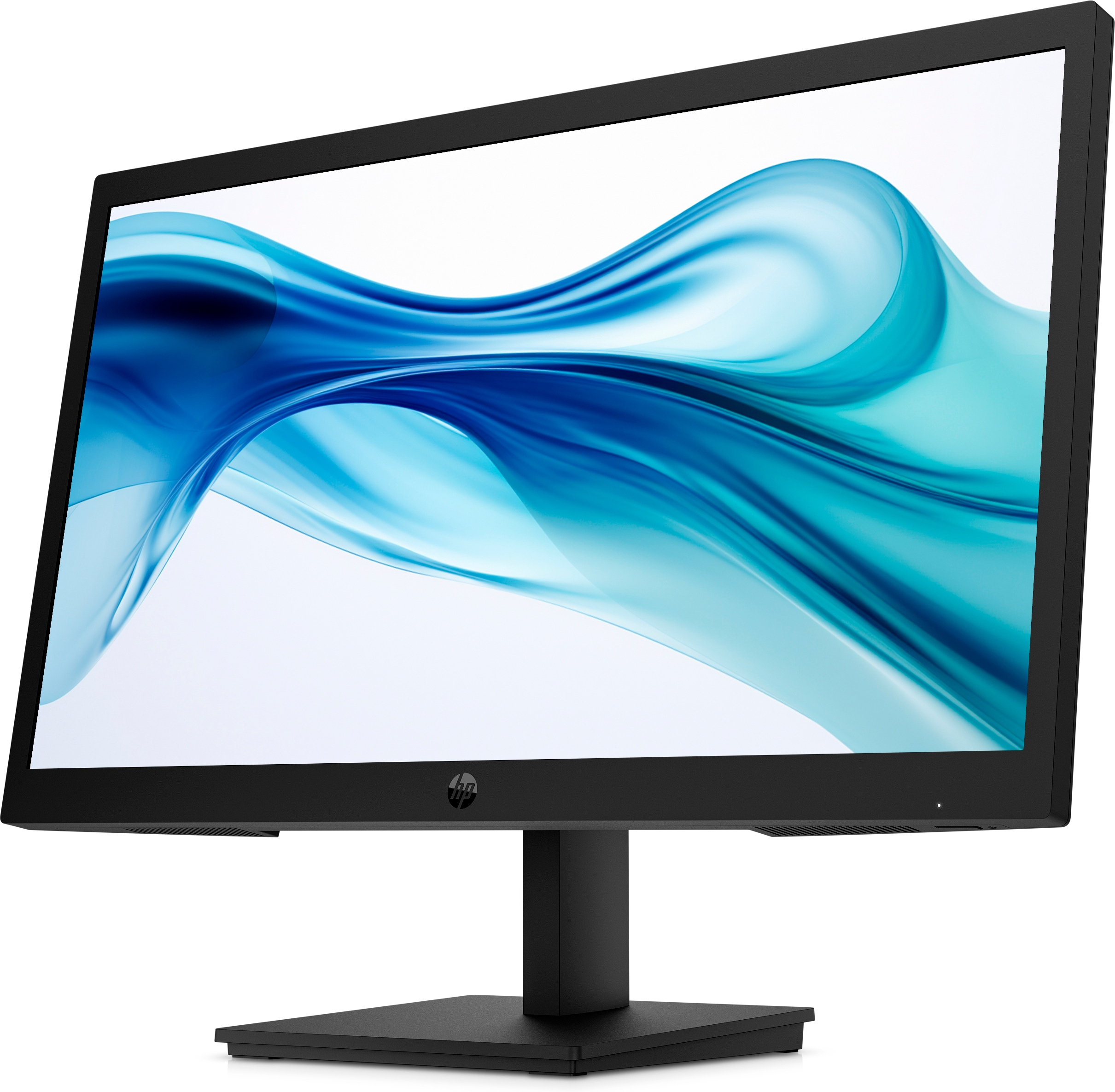 Un monitor de computadora HP negro con un fondo blanco y un diseño de onda abstracta azul en la pantalla.