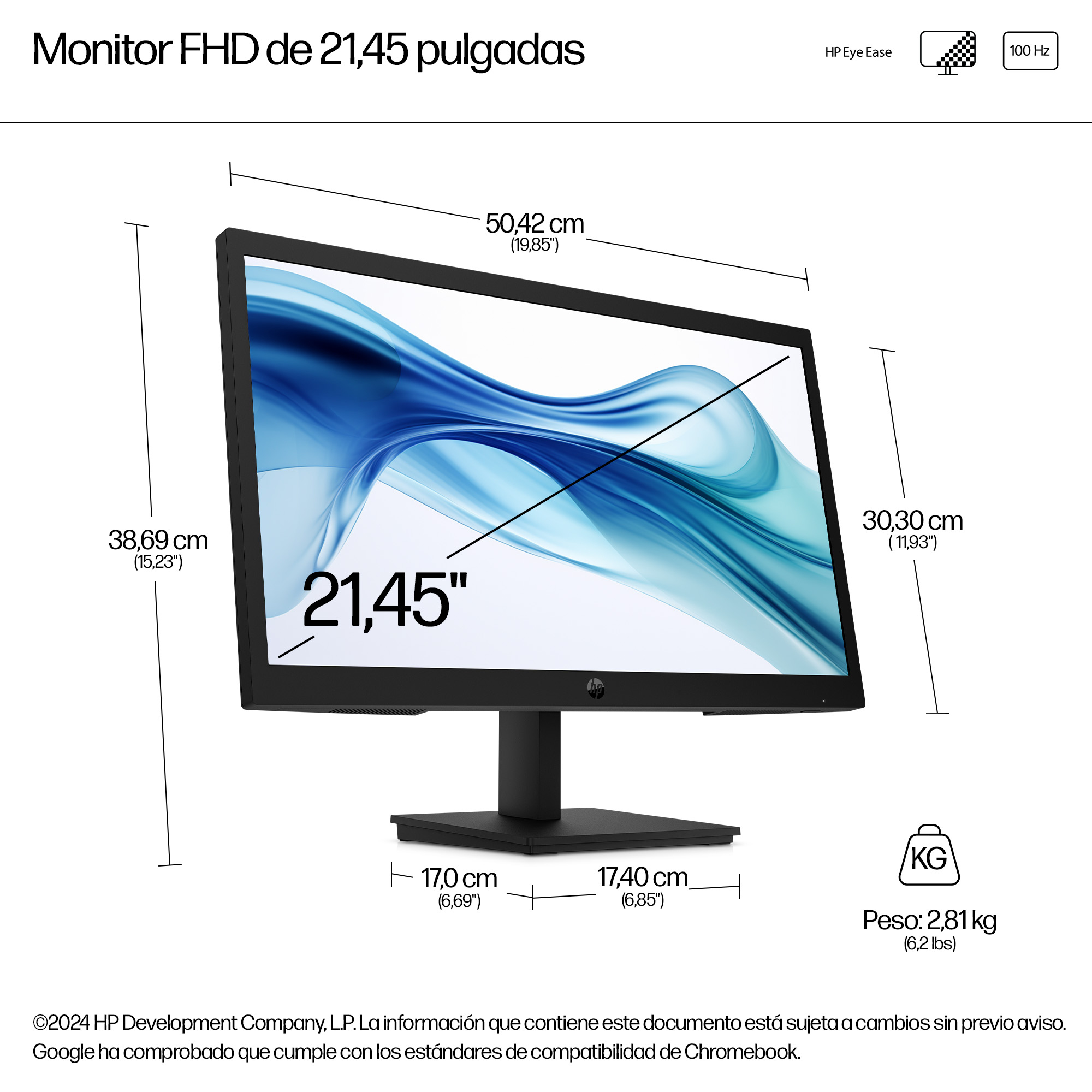 Un monitor FHD negro de 21,45 pulgadas con dimensiones mostradas. Tiene un soporte y texto que muestra su peso. Se muestra HP Eye Ease y 100 Hz.