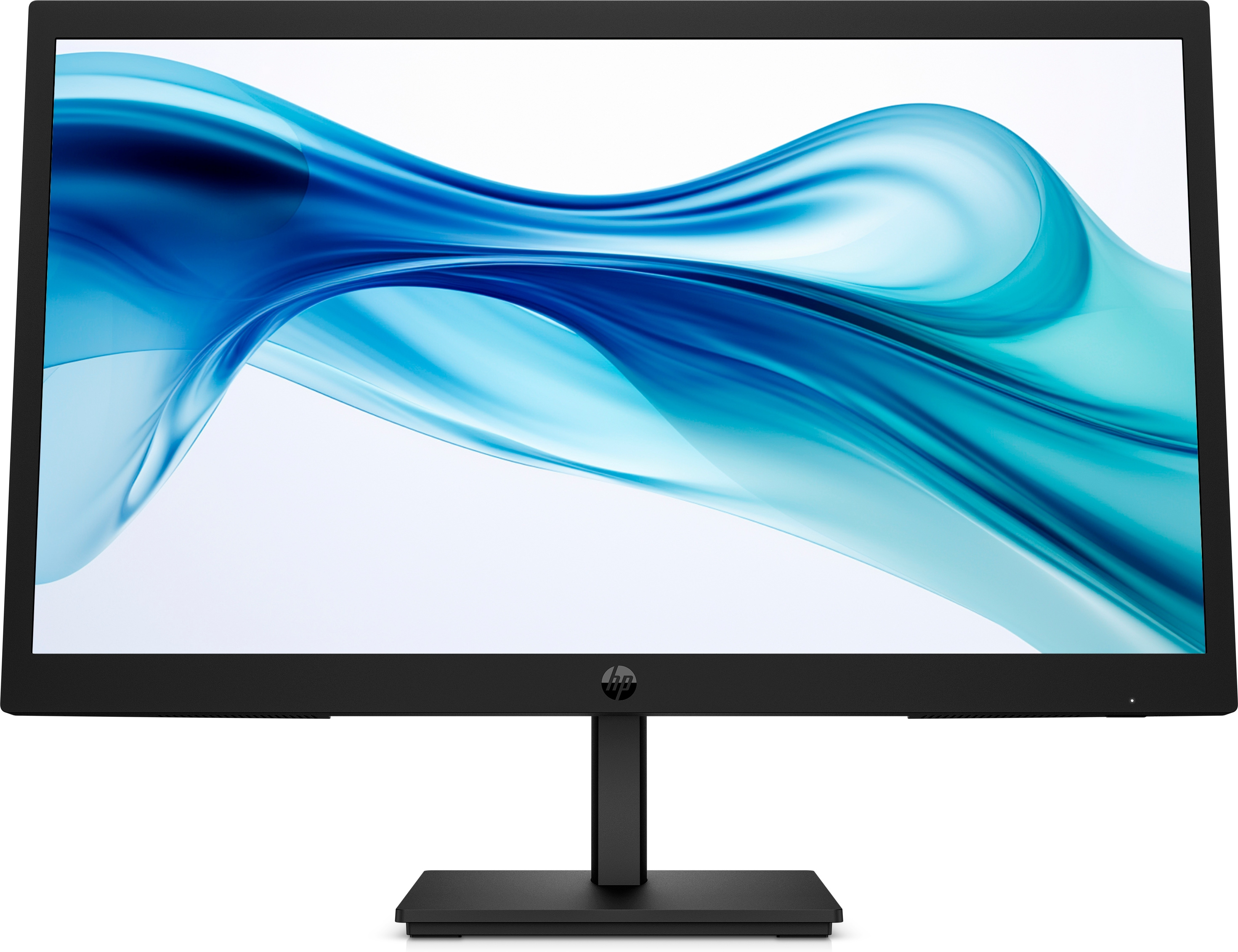 Un monitor HP negro muestra formas abstractas azules. El monitor está sobre un soporte negro, con el logo de HP.