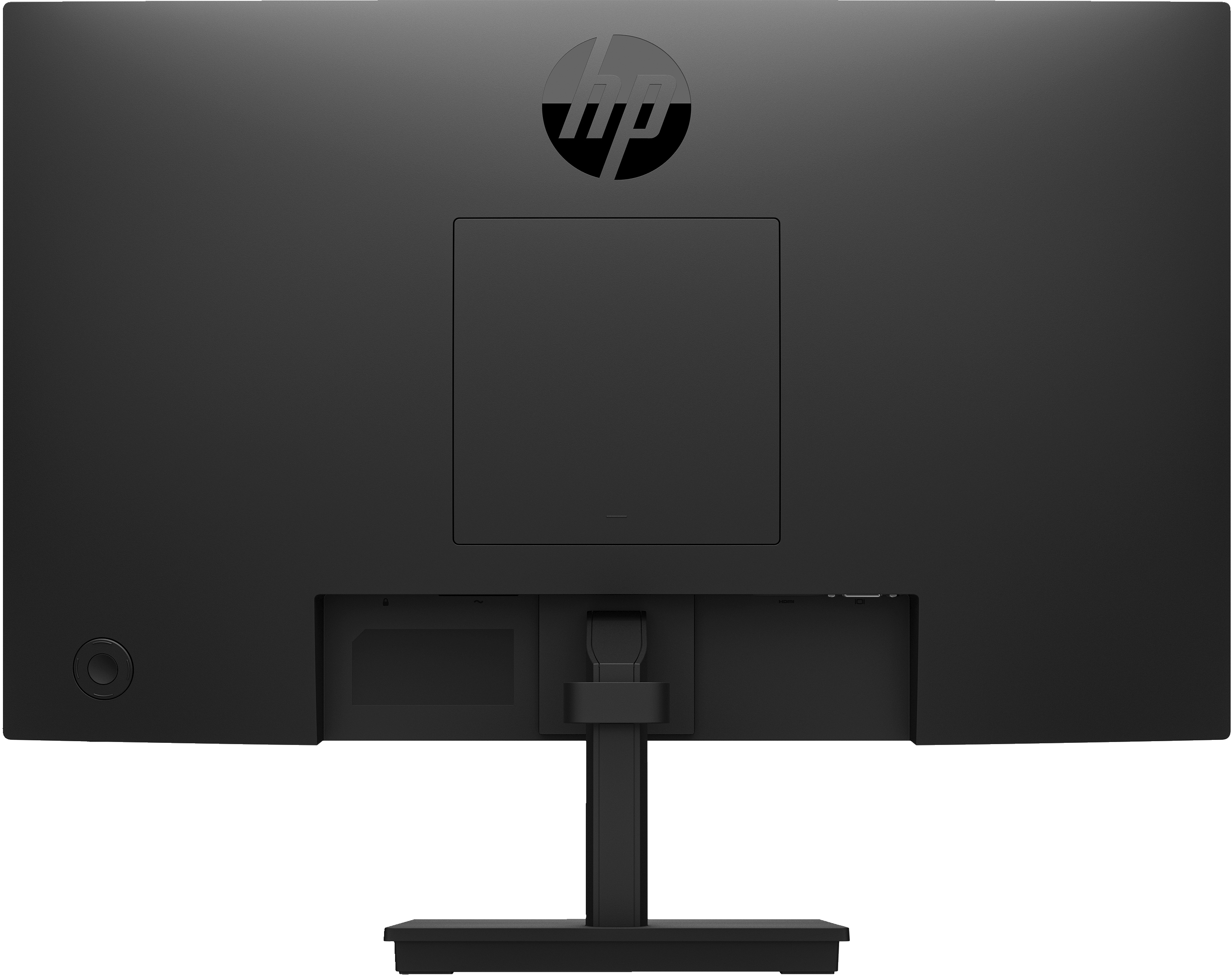 Parte trasera de monitor HP negro. Logotipo HP arriba. Puertos, montaje y botón de encendido visibles.