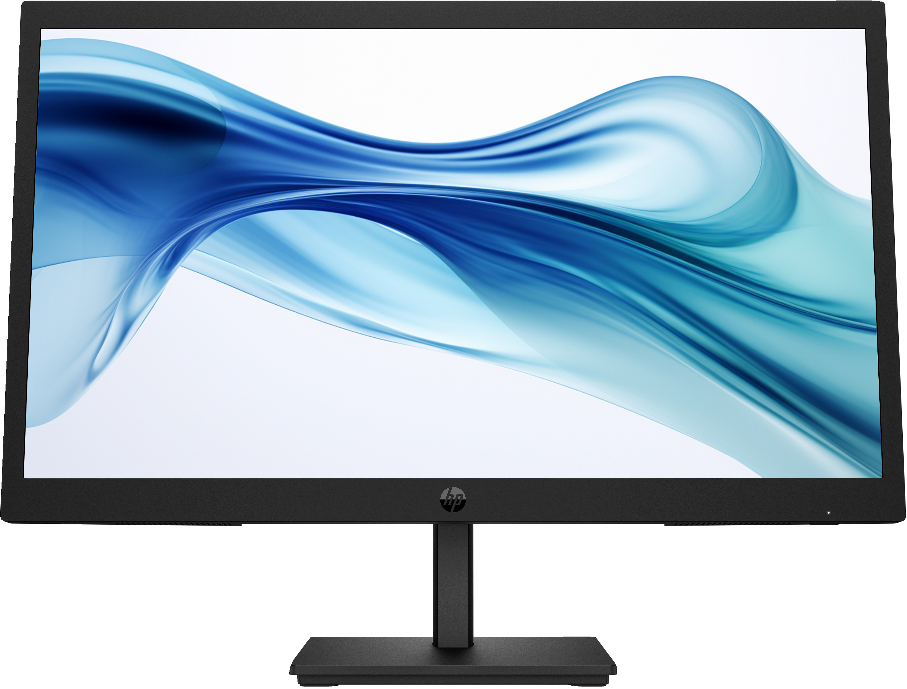 Un monitor HP negro. La pantalla muestra arte abstracto azul y blanco fluido. El soporte es negro.
