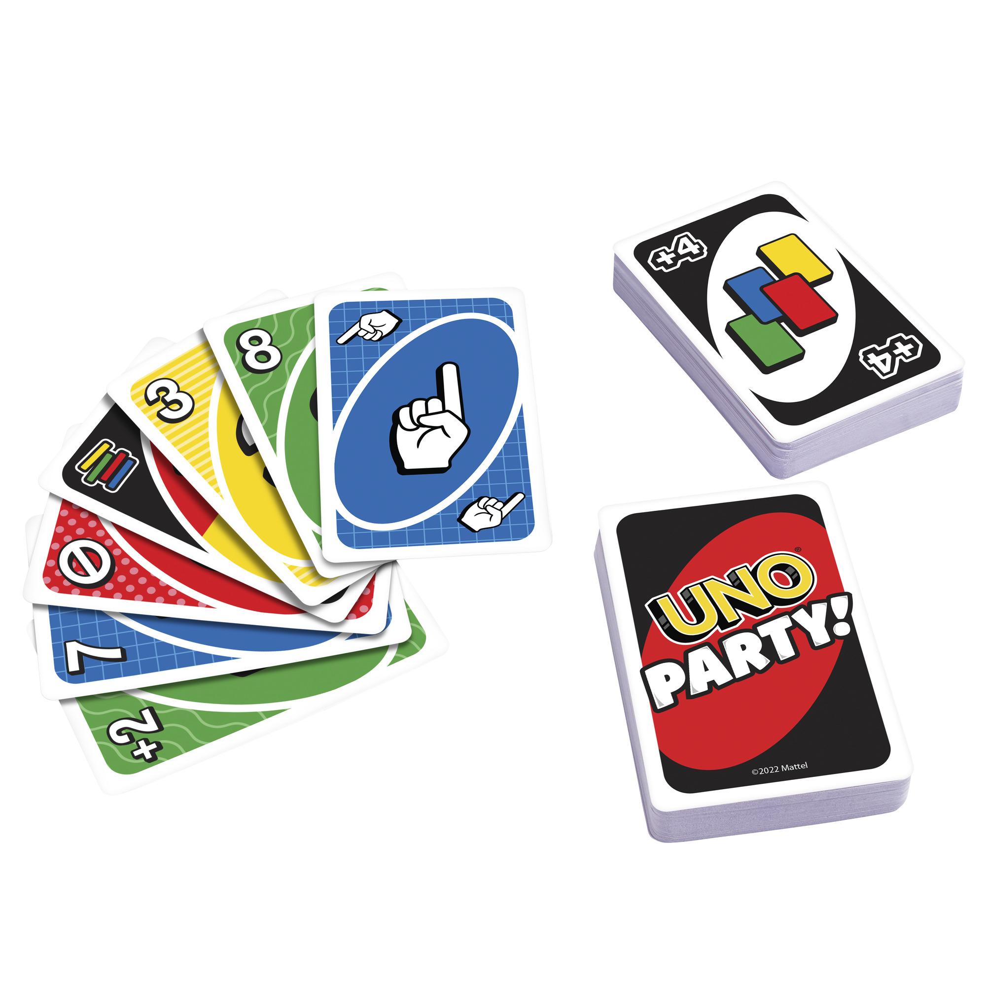 Ein UNO-Kartenspiel-Set mit verschiedenen Karten. Einige sind aufgefächert, Kartenstapel befinden sich rechts. Weißer Hintergrund.