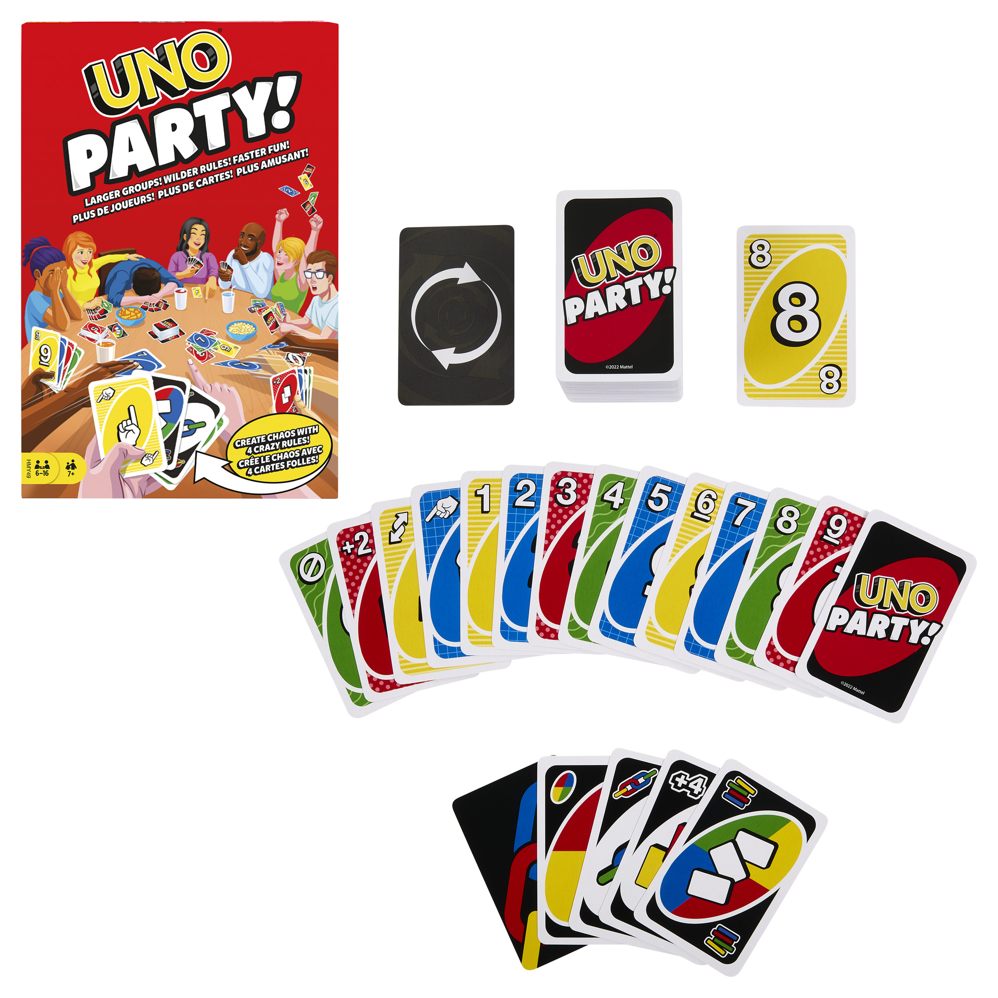 Eine UNO Party-Spielbox und Karten werden gezeigt. Karten enthalten Zahlen, Farben und Sonderaktionen. Leute spielen.