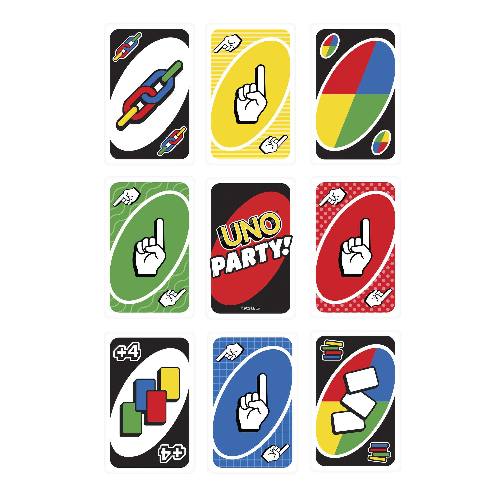 Neun Uno-Karten werden angezeigt. Jede Karte zeigt Zahlen, Farben und Symbole. Die Karten sind in einem Rastermuster auf weißem Hintergrund.