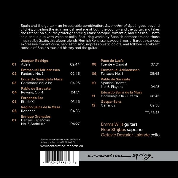 CD-Cover mit Titelliste spanischer Gitarrenmusik, mit Künstlern und Songtiteln. Enthält das Logo 'Antarctica spring'.