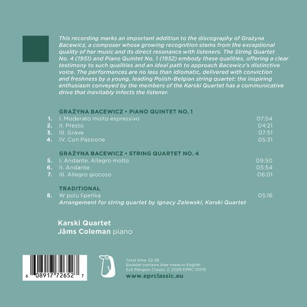 CD-Cover mit Text über die Musik von Grażyna Bacewicz, einschließlich Titellisten für Piano Quintet No. 1 und String Quartet No. 4.