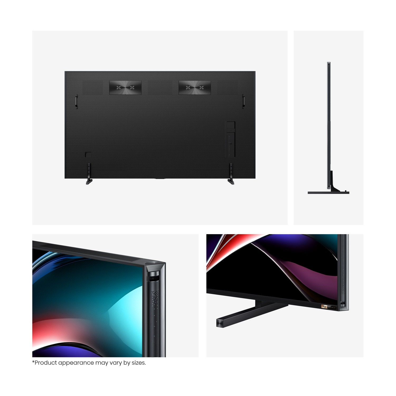 Immagini mostrano una TV nera da diverse angolazioni. I dettagli includono il retro con prese d'aria, il profilo laterale e i primi piani.