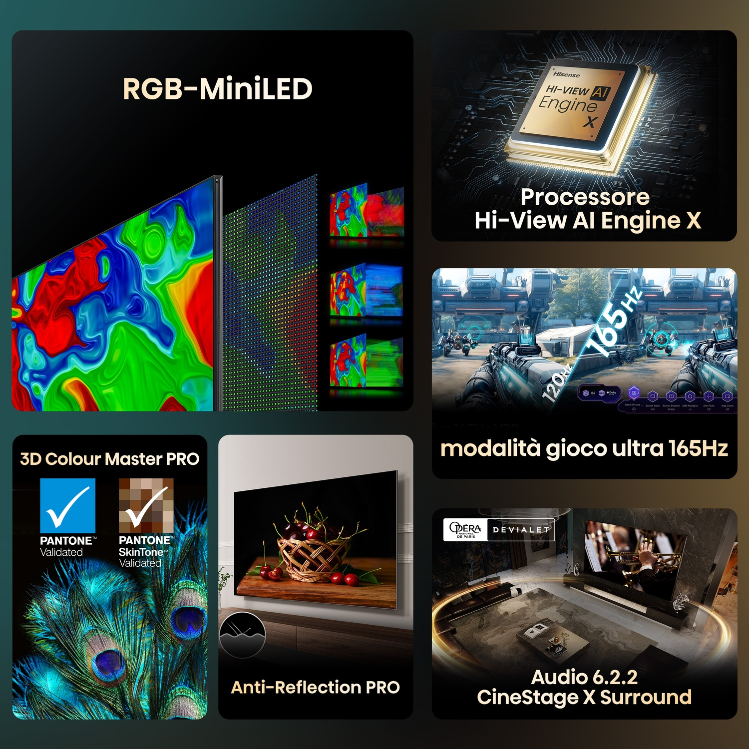 Una pubblicità TV che mostra le caratteristiche: RGB-MiniLED, Hi-View AI Engine X, gaming a 165Hz, colore 3D, antiriflesso e audio surround.