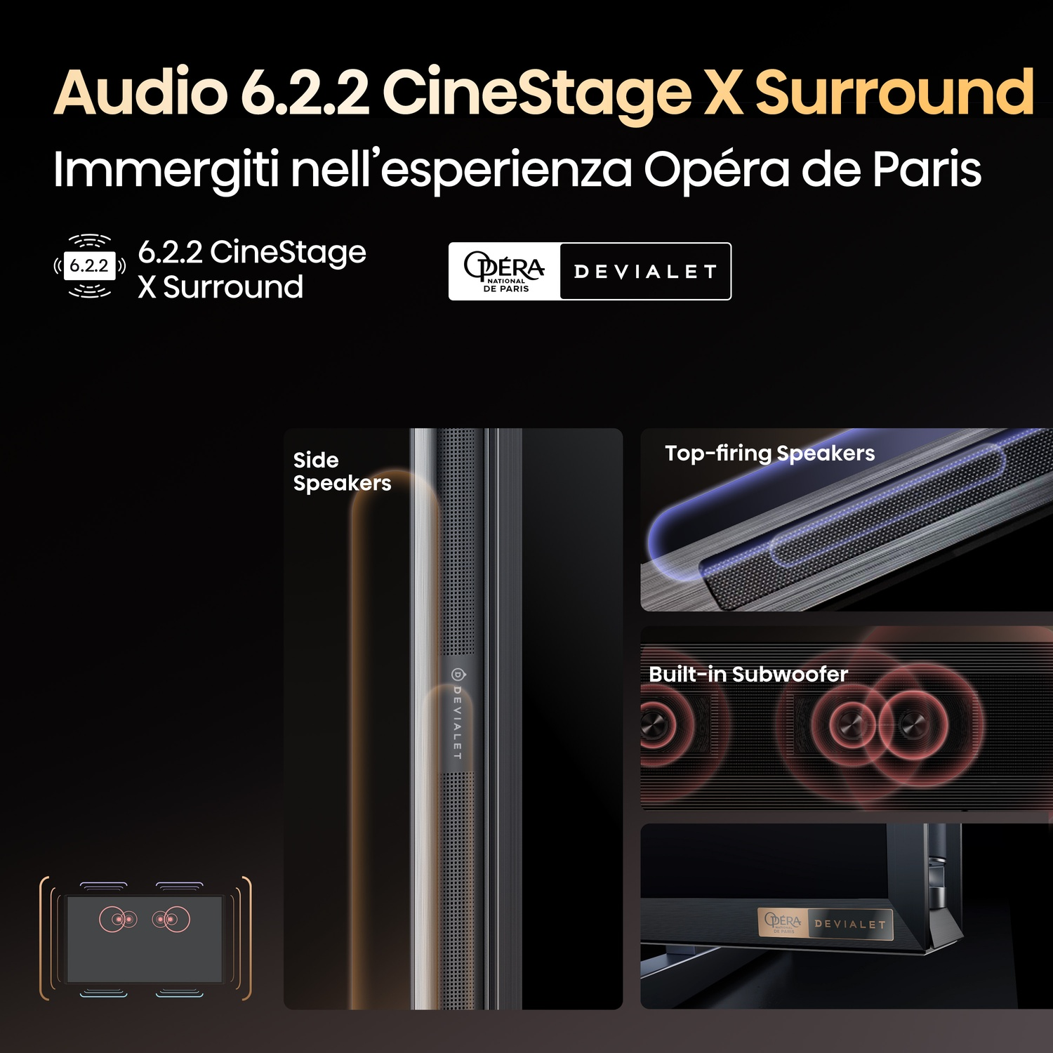 Annuncio per Audio 6.2.2 CineStage X Surround con dettagli altoparlanti, loghi Opéra de Paris e Devialet e testo italiano.