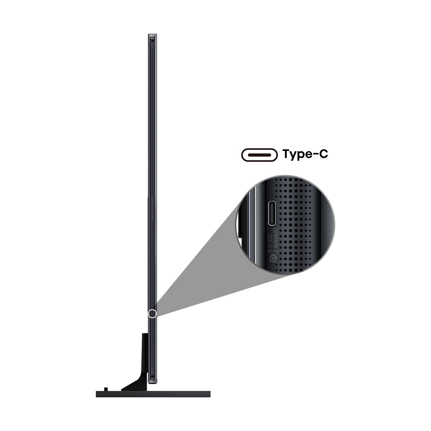 Vista laterale di una TV nera con porta Type-C. L'immagine mostra il lato della TV e i dettagli della porta su sfondo bianco.