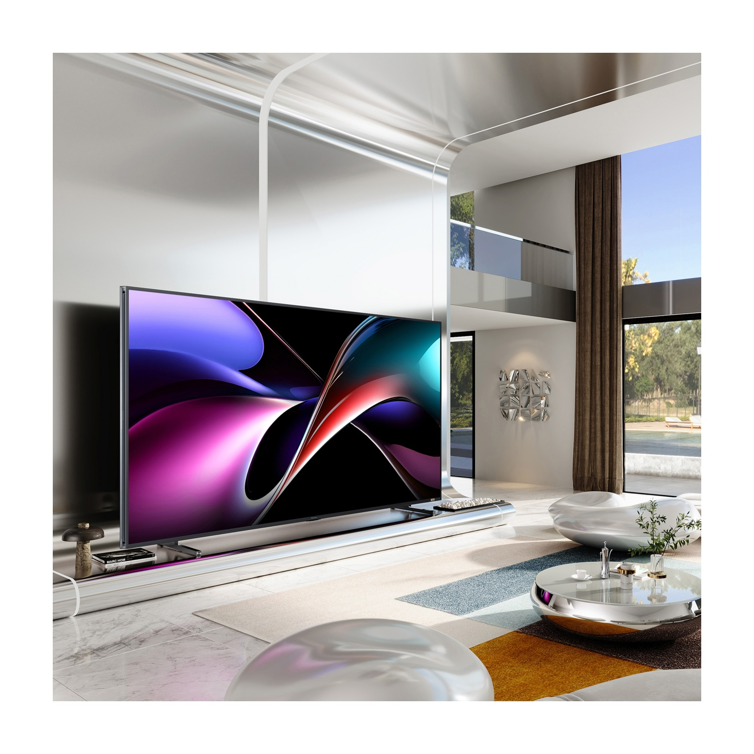 Un moderno soggiorno con una grande TV con arte astratta, un tavolino e una vista sull'esterno.