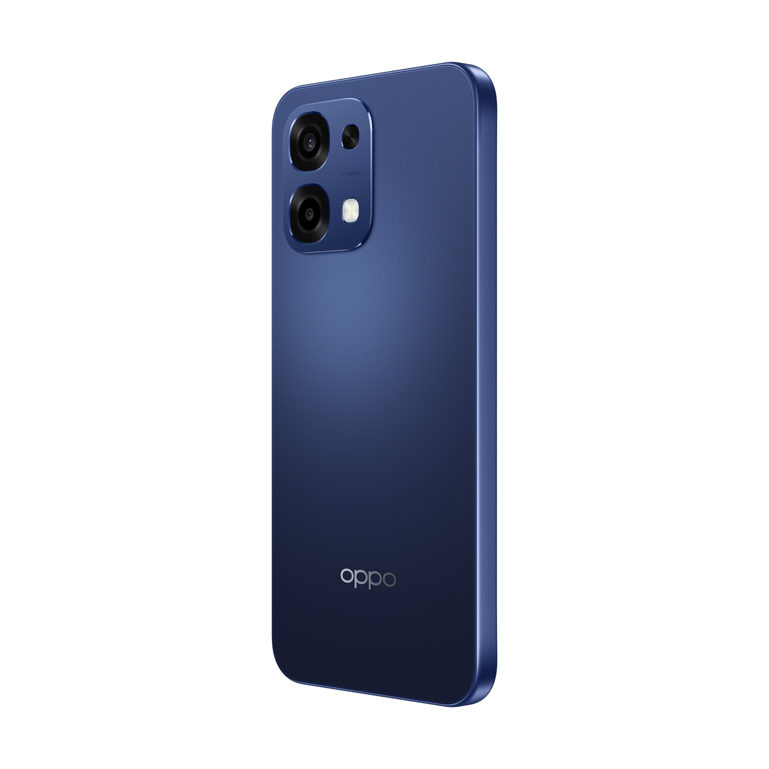 Uno smartphone Oppo blu. Ha un modulo fotocamera con due lenti e un flash. Il logo Oppo è visibile. Il telefono è su sfondo bianco.