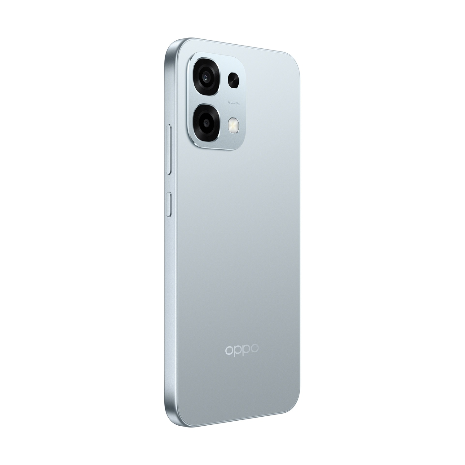Uno smartphone Oppo azzurro, vista posteriore, con obiettivi e logo del marchio. Design elegante e moderno su sfondo bianco.