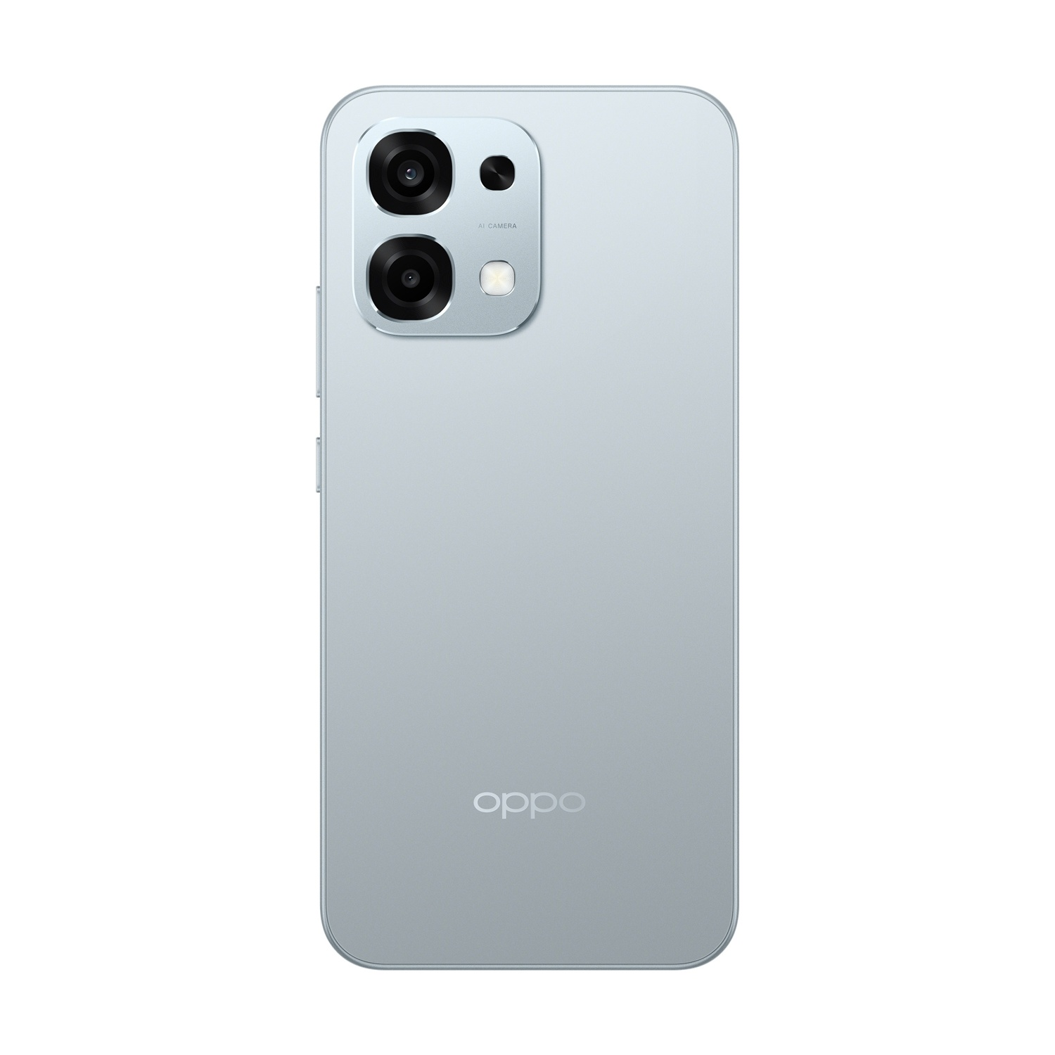 Uno smartphone Oppo blu chiaro. Ha un sistema a doppia fotocamera, flash e il logo Oppo. È su sfondo bianco.
