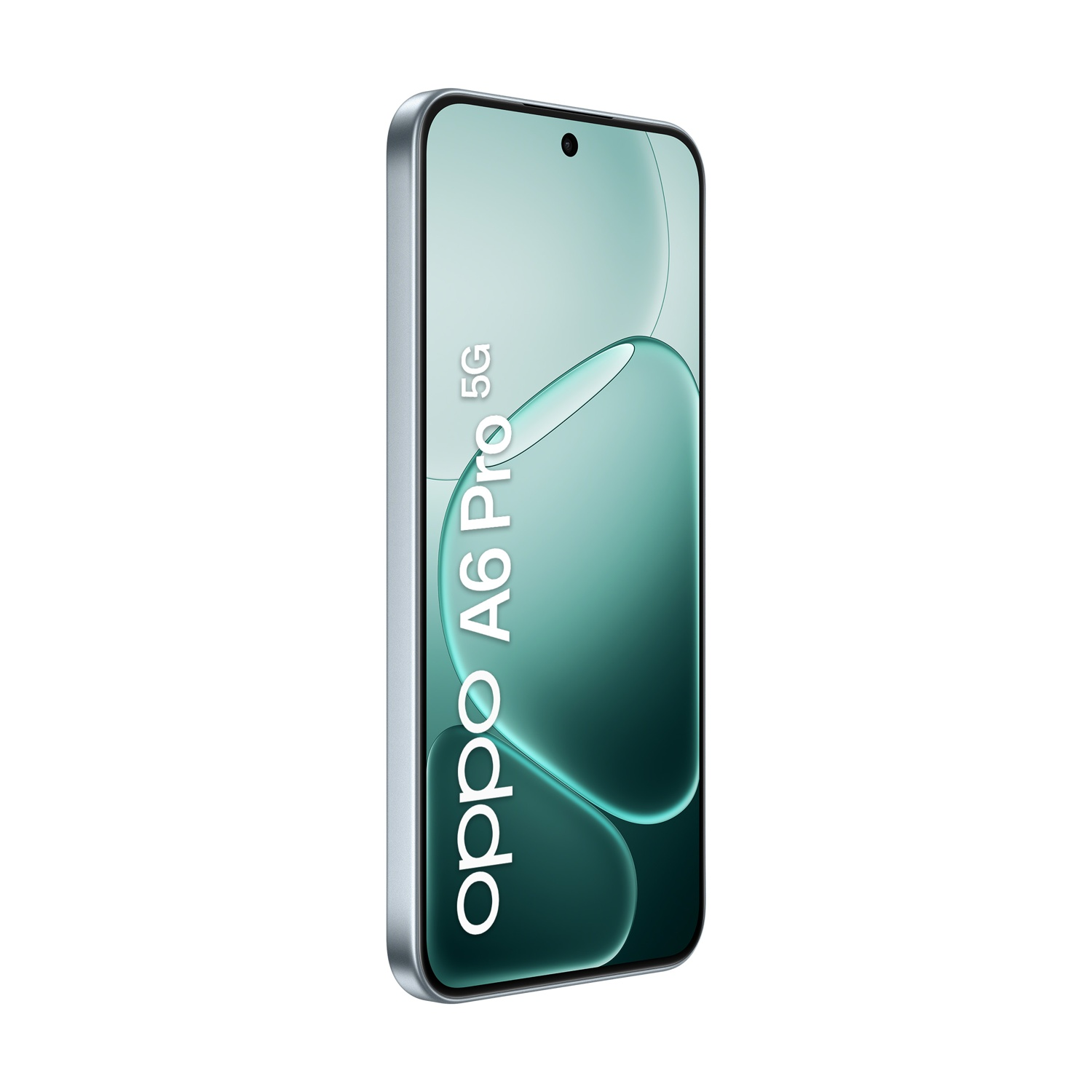 Uno smartphone Oppo A6 Pro 5G. Ha uno schermo verde acqua con una fotocamera in alto e il nome del marchio sul lato.
