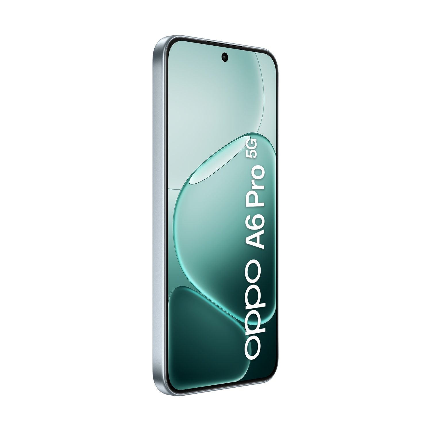 Uno smartphone Oppo A6 Pro 5G in una cornice azzurra. Lo schermo mostra una sfumatura verde acqua con il logo Oppo e il nome del modello verticalmente.