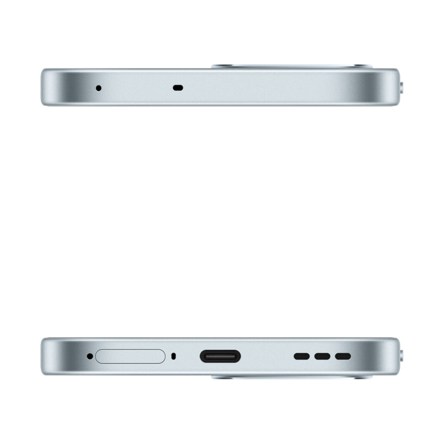 Due viste di uno smartphone azzurro. La parte superiore mostra microfono e foro. La parte inferiore, porta di ricarica e fori altoparlanti.