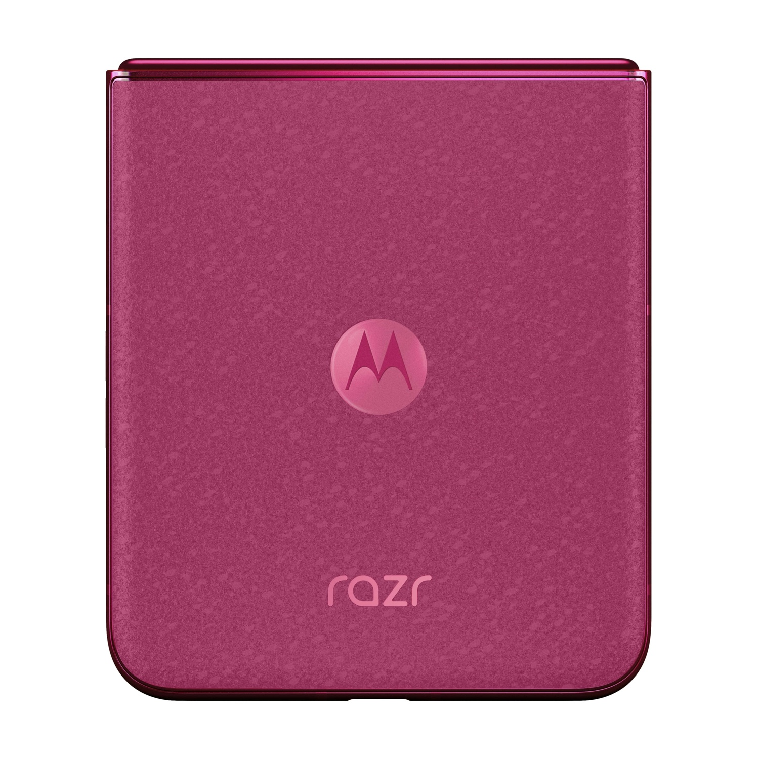Un telefono Motorola Razr magenta chiuso. Ha il logo Motorola e il testo Razr. Il telefono è su sfondo bianco.
