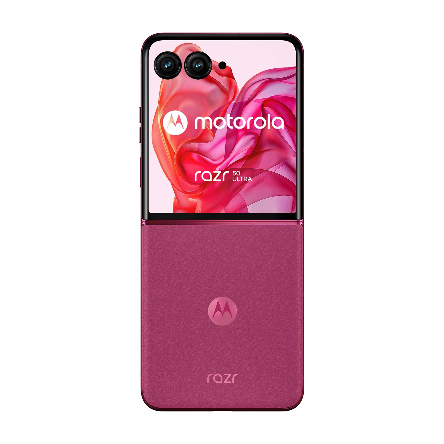 Un telefono a conchiglia magenta Motorola Razr 5G Ultra è mostrato aperto. Lo schermo mostra il logo Motorola e un design artistico rosa.