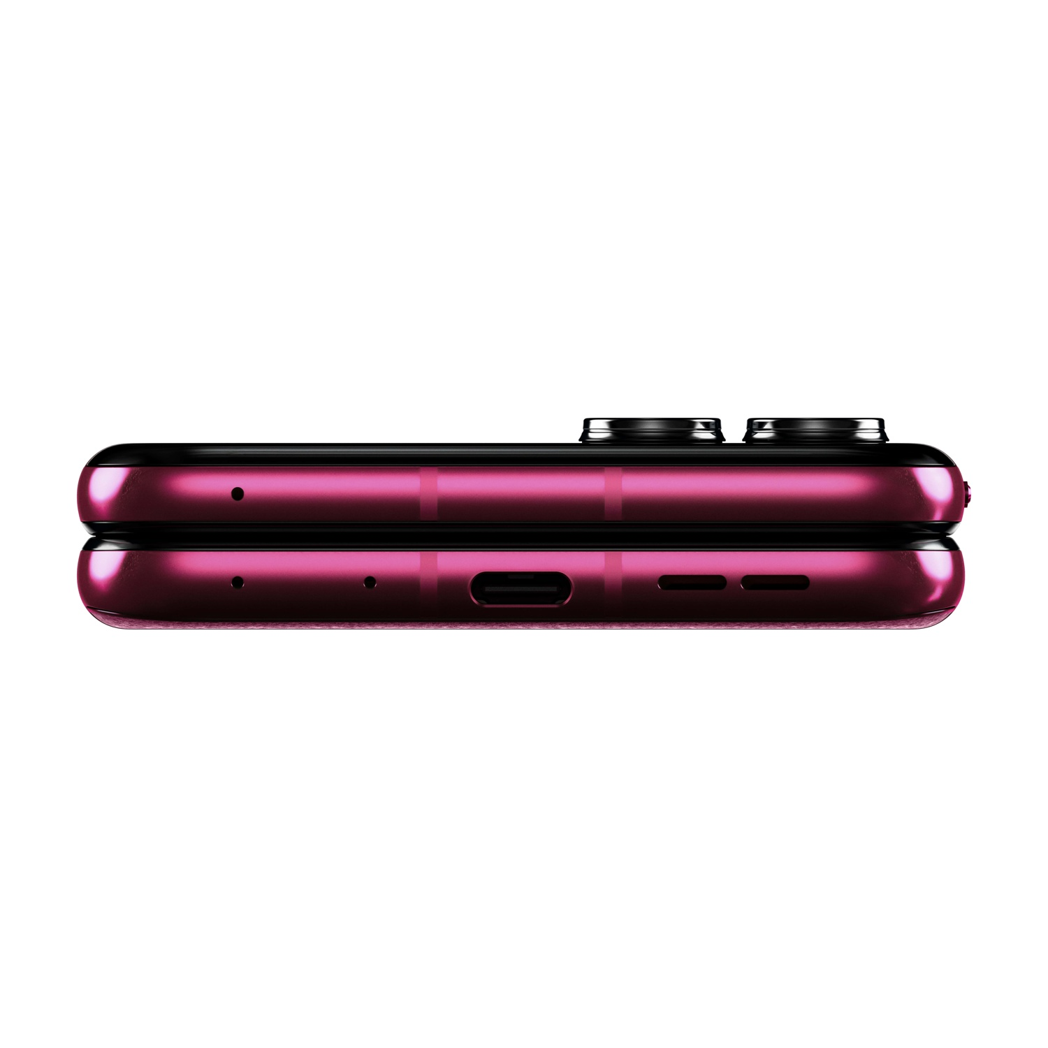 Primo piano di uno smartphone magenta piegato. La parte superiore mostra due obiettivi della fotocamera. La parte inferiore rivela porte di ricarica e altoparlante.