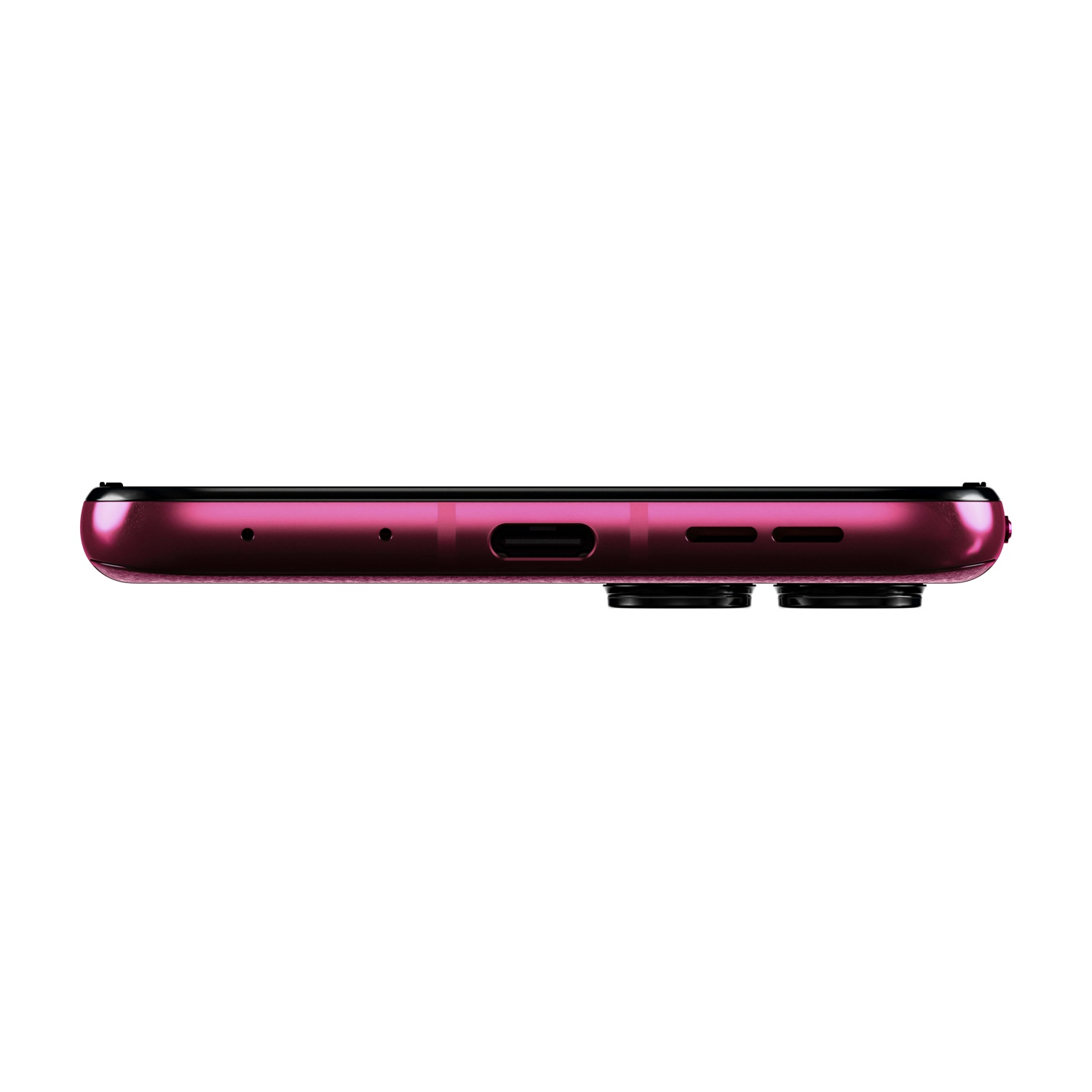 Vista laterale di uno smartphone magenta. La parte inferiore ha una porta di ricarica, altoparlanti e lenti della fotocamera. Il telefono è su sfondo bianco.