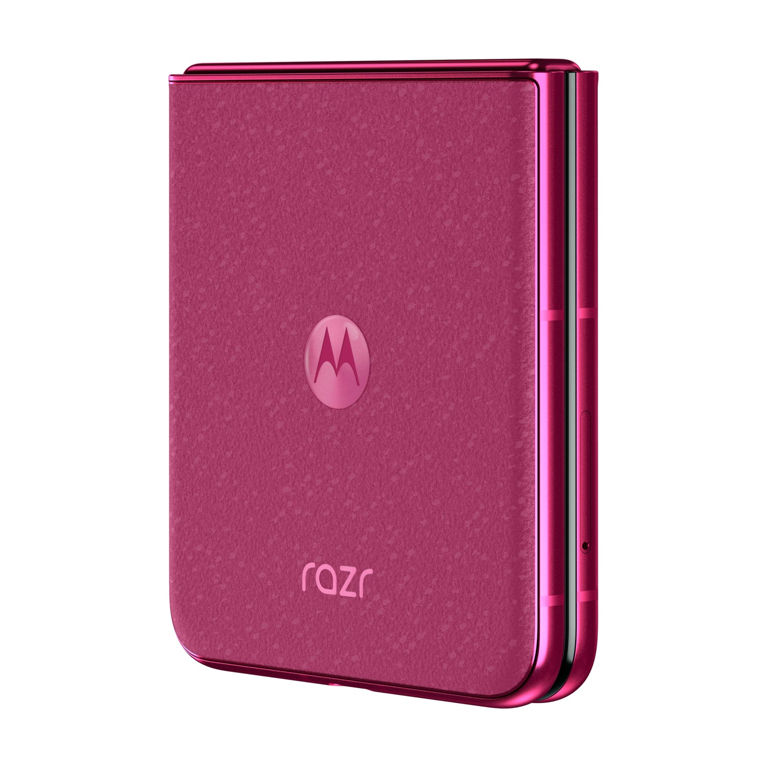Un telefono Motorola Razr rosa chiuso. Il telefono ha una superficie strutturata, un logo Motorola e la parola 'razr' in basso.