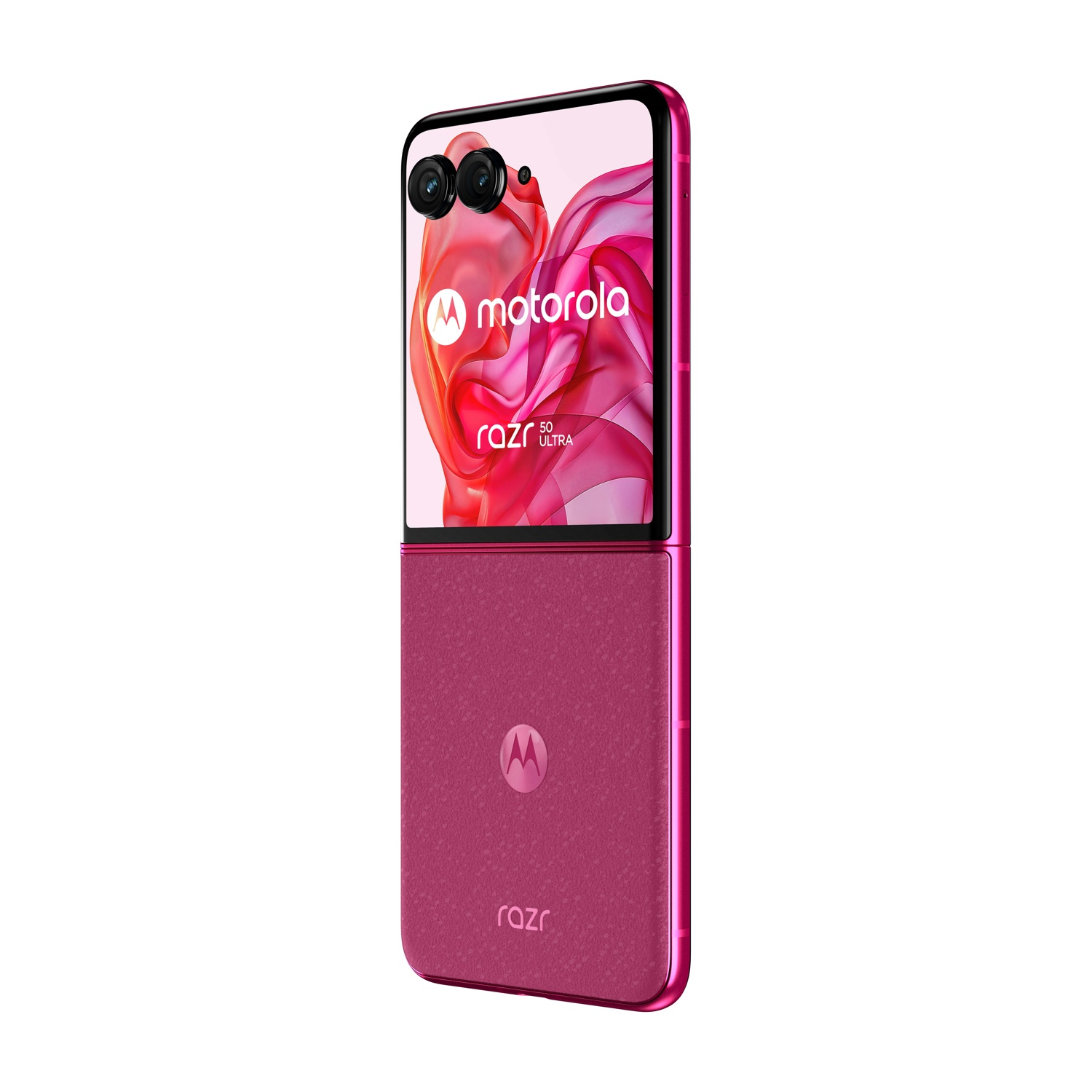 Un telefono pieghevole Motorola Razr 50 Ultra rosa è esposto, aperto a metà. Lo schermo mostra un design astratto rosa e bianco.