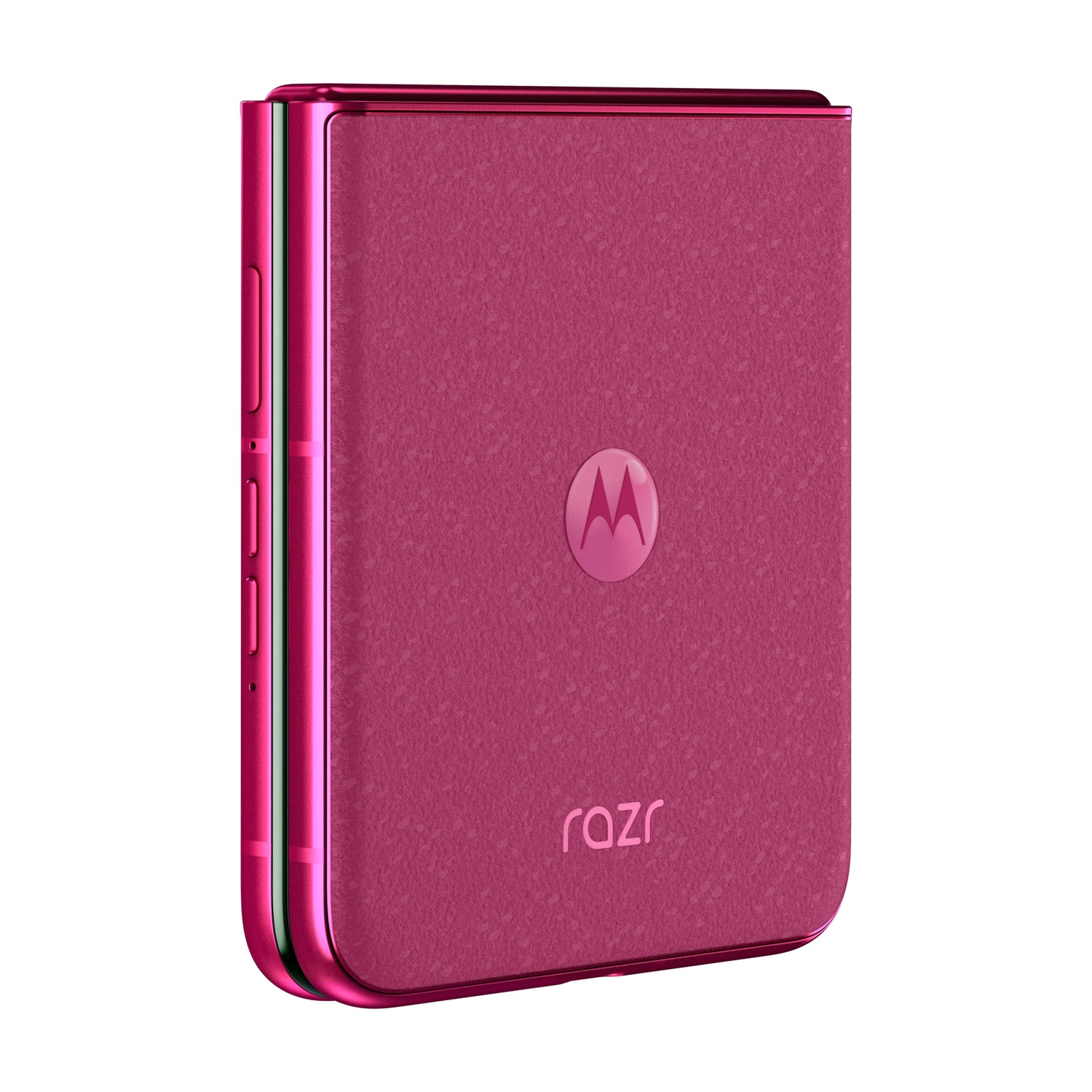 Un telefono Motorola Razr magenta chiuso. Ha il logo Motorola e la parola 'razr' sulla cover. Il telefono è su sfondo bianco.