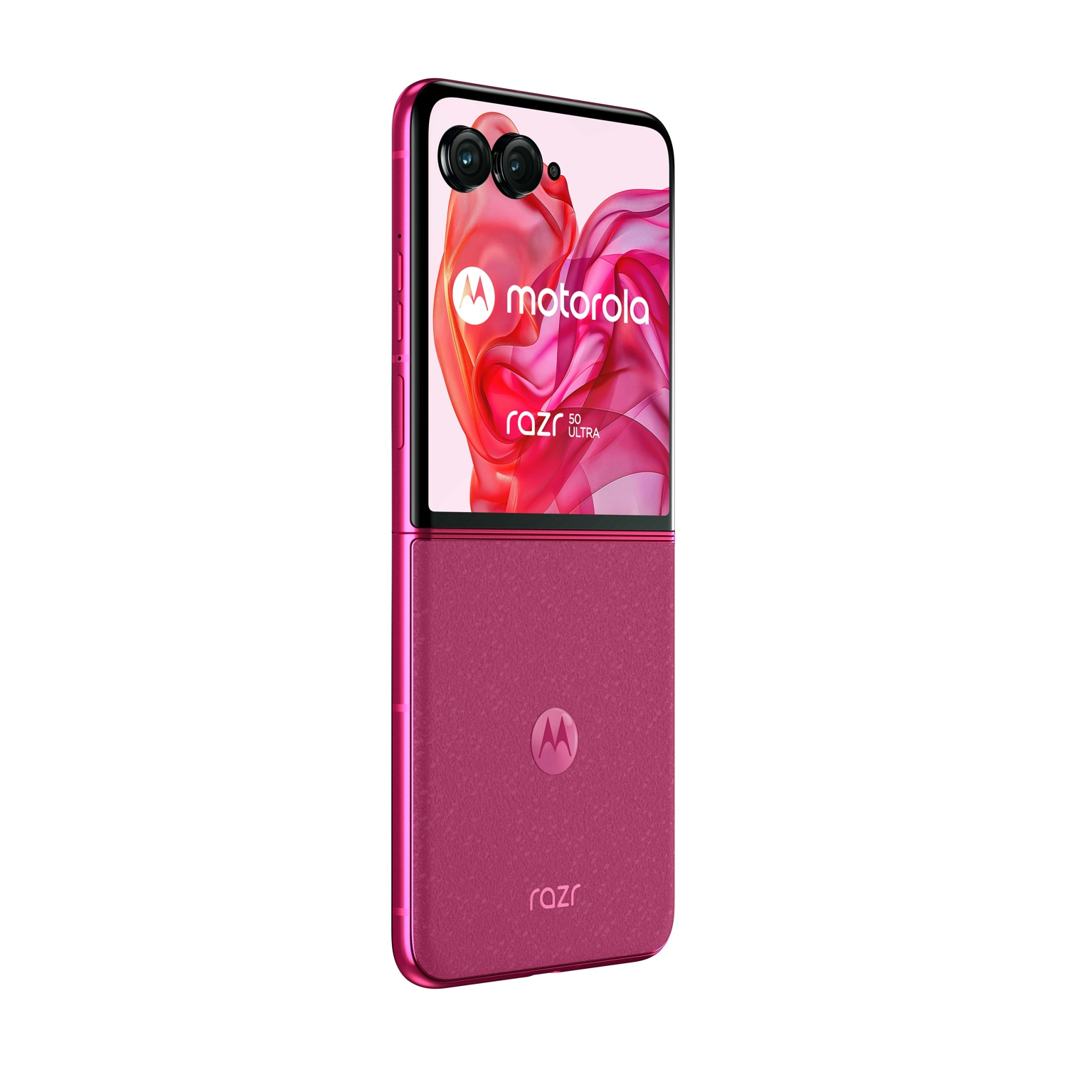 Un telefono Motorola Razr 50 Ultra rosa, piegato. Lo schermo mostra un design astratto rosa e il logo Motorola.