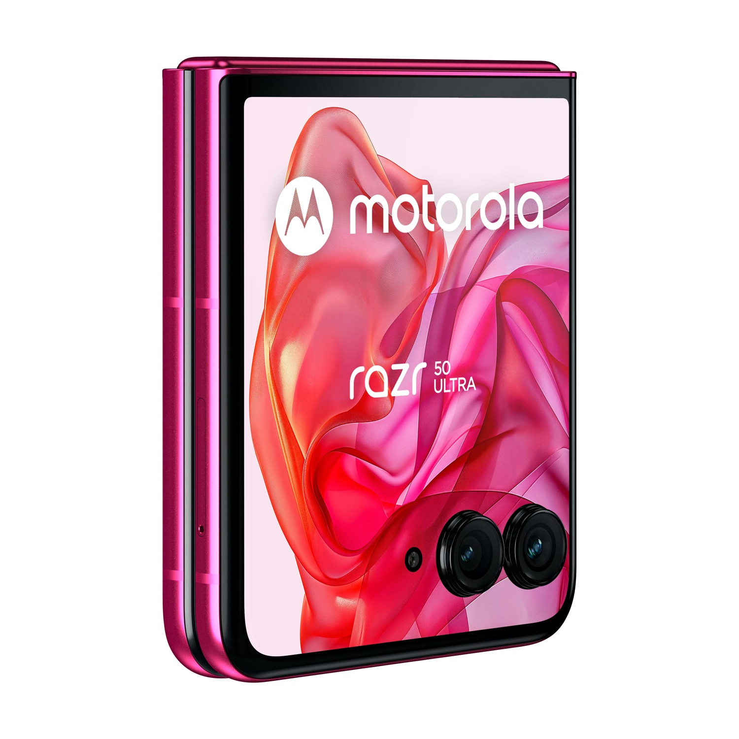 Viene mostrato uno smartphone Motorola Razr 50 Ultra rosa. Il telefono è aperto, mostrando una grafica rosa con il logo Motorola.